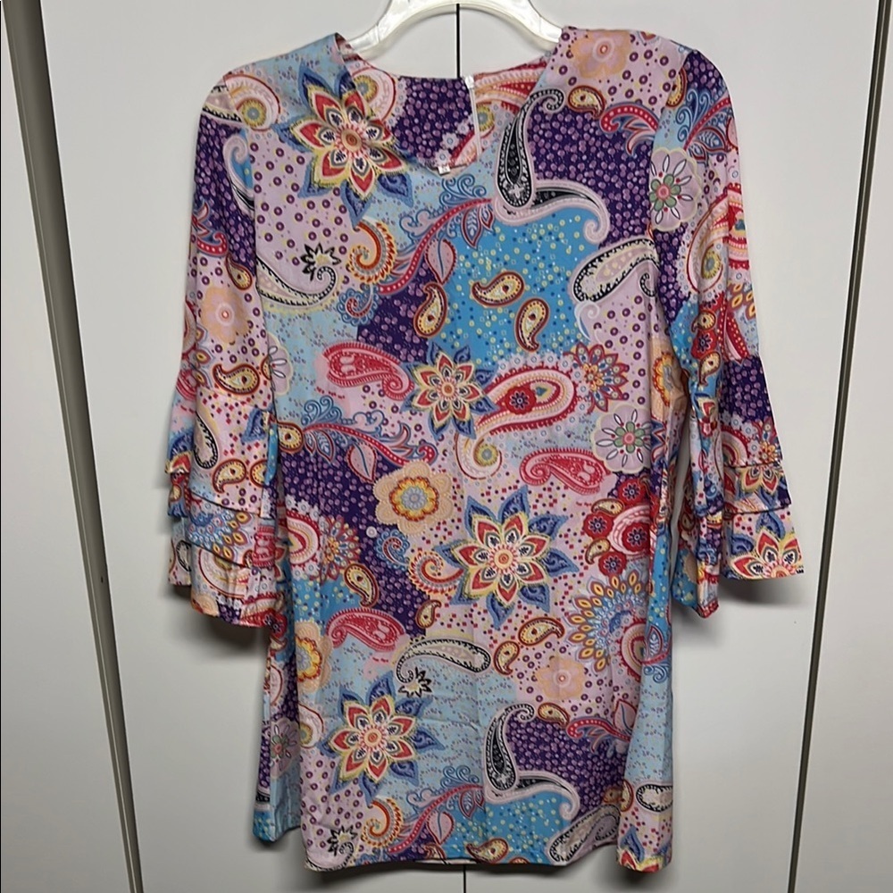 Boho Paisley Print Shift Dress Colorful Tunic Dress Medium